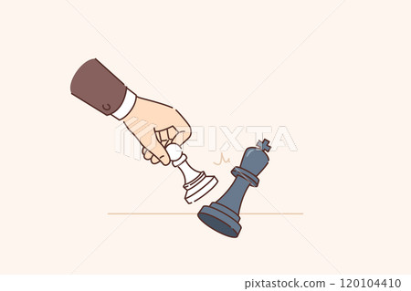 Hand of chess player knocking down king with pawn symbolizes skills of strategic actions in business Hand of chess player knocking down king with pawn symbolizes skills of strategic actions in business 120104410