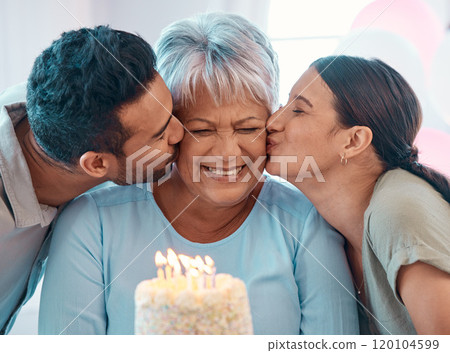 Man, woman and senior mother with birthday cake, kiss and party for love and celebration. Home, family and event with milestone, support and gratitude for retirement and holiday bonding with parent 120104599