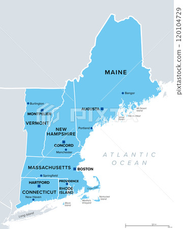 New England region of United States, political map with borders, capitals and most important cities. Comprising U.S. states Maine, Vermont, New Hampshire, Massachusetts, Rhode Island and Connecticut. 120104729