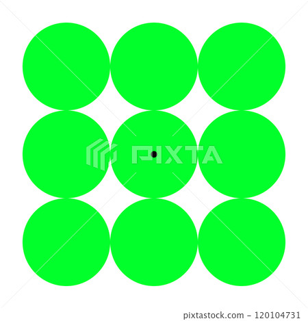 Green discs inducing a pink negative afterimage and optical illusion. Stare at the black dot for around 30 seconds. Look at a white wall or black screen. The discs appear in complementary color pink. 120104731