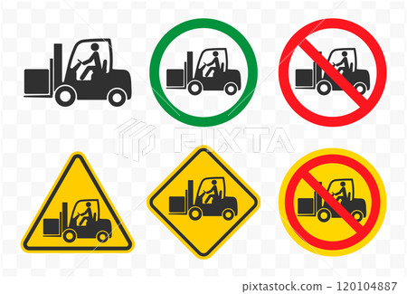 No Fork truck or forklift icon symbol. Forklift truck not allowed logo sign. Prohibition, prohibited, forbidden. Vector illustration. Isolated on white background. No Fork truck or forklift icon symbol. Forklift truck not allowed logo sign. Prohibition, prohibited, forbidden. Vector illustration. Isolated on white background. 120104887