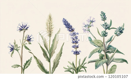 Detailed botanical watercolor illustration on light background 120105107