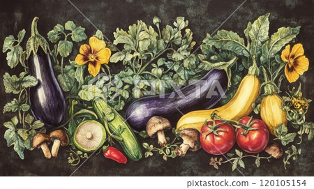 Detailed botanical drawing of vegetable harvest 120105154