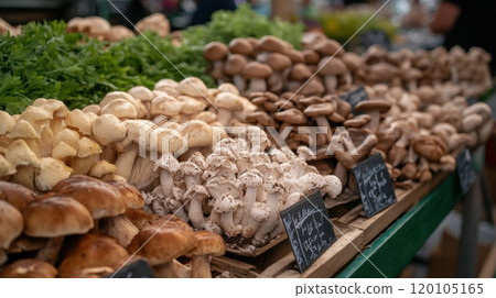 Farmers' market with mushrooms in various containers 120105165