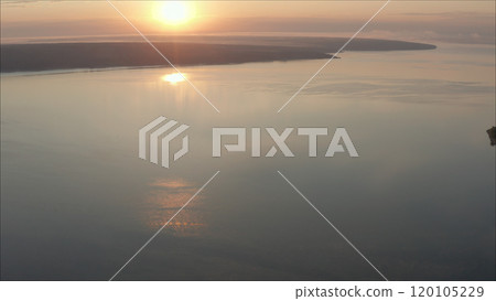 Beautiful, bright sunrise over the lake. Sunset over the drone reservoir frames 120105229