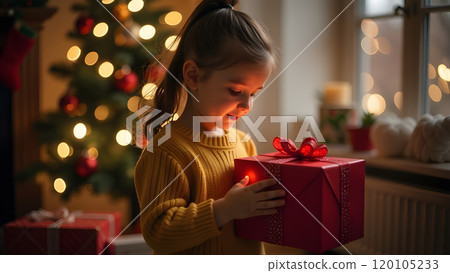 small girl keeps christmas gift against festive background, generative ai 120105233