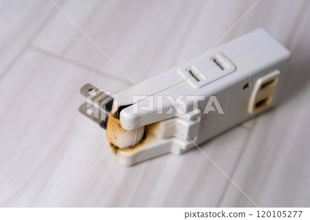 Outlet fire, tracking phenomenon, fire caused by outlet, wiring cord fire, electrical fire, burnt outlet 120105277