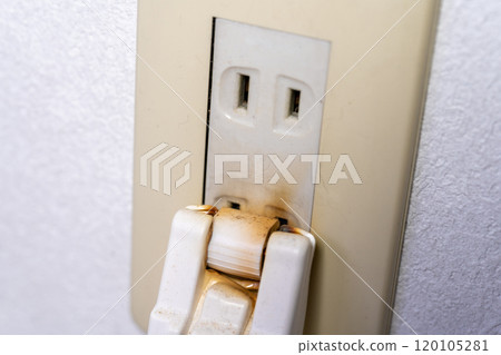 Outlet fire, tracking phenomenon, fire caused by outlet, wiring cord fire, electrical fire, burnt outlet Outlet fire, tracking phenomenon, fire caused by outlet, wiring cord fire, electrical fire, burnt outlet 120105281