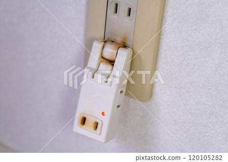 Outlet fire, tracking phenomenon, fire caused by outlet, wiring cord fire, electrical fire, burnt outlet 120105282