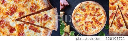 Photo collage with carbonara pizza. Classic Italian pizza carbonara. Narrow banner. Photo collage with carbonara pizza. Classic Italian pizza carbonara. Narrow banner. 120105721