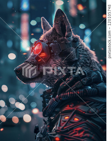 夜間市中心背景中站立的賽博朋克風格狗的 AI 圖像 120105748