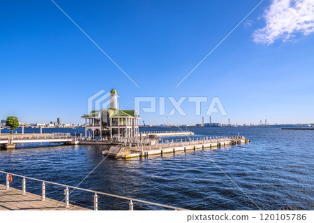 Yokohama cityscape in Japan, with a view of the Pukarisanbashi Bridge in front of Pacifico Yokohama and wind power plants (in the background) on November 7th 120105786