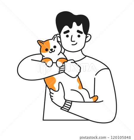 Happy young man tenderly holds beloved cat color linear icon 120105848