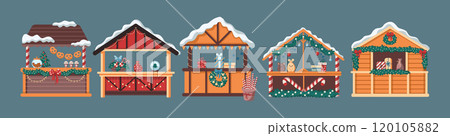 Vintage winter fair stalls flat color vector objects set 120105882