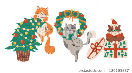 Funny cats during Christmas holidays flat vector characters 120105887