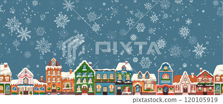 Fairytale winter town houses flat color vector illustration Fairytale winter town houses flat color vector illustration 120105919