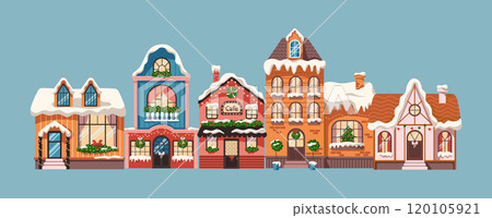 Dreamlike winter houses in winter flat vector illustration Dreamlike winter houses in winter flat vector illustration 120105921