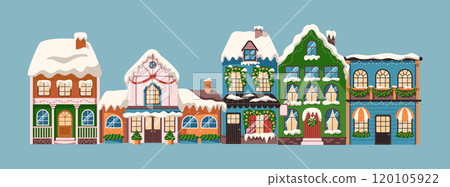 Winter buildings with snow on roofs flat vector illustration 120105922