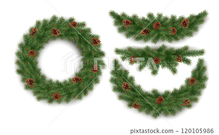 Wreath and garlands of fir branches realistic vector icons Wreath and garlands of fir branches realistic vector icons 120105986