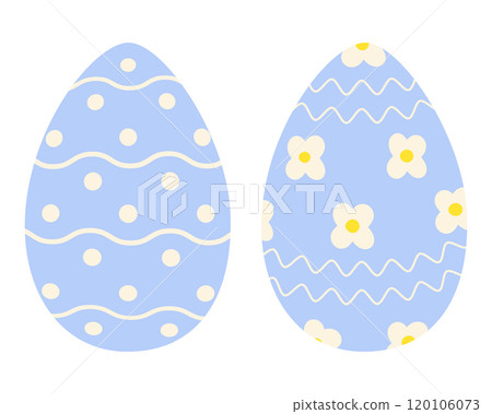 Easter Eggs in trendy soft blue Patterned Flowers, wavy lines and dots. Easter greeting element idea Easter Eggs in trendy soft blue Patterned Flowers, wavy lines and dots. Easter greeting element idea 120106073
