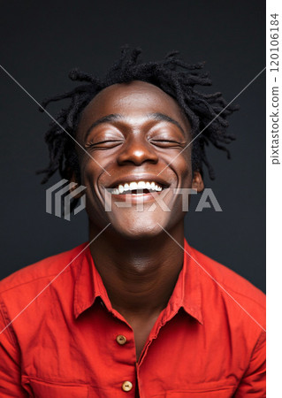 Joyful young man smiling in a red shirt 120106184