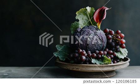 Artistic still life with cabbage, grapes, and calla lily in rustic setting 120106185