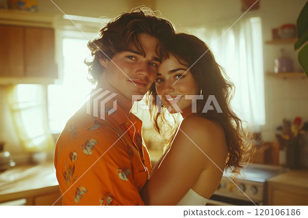 Couple standing closely with warm expressions 120106186