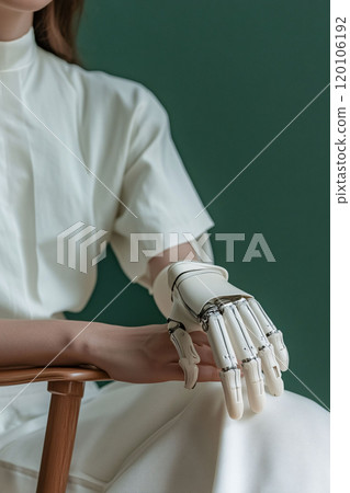 Close-Up of Woman with Prosthetic Hand in White Outfit 120106192
