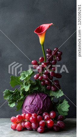 Elegant Sculptural Still Life with Calla Lily and Grapes Elegant Sculptural Still Life with Calla Lily and Grapes 120106261