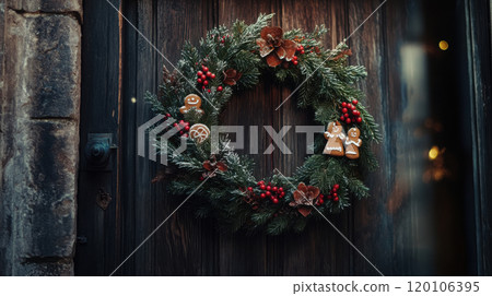 Traditional alsace holiday wreath with evergreen and festive decorations for christmas home decor 120106395