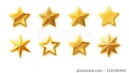 Vector stars set of realistic metallic golden stars isolated on white background. Glossy yellow 3D trophy star icon. 120106440
