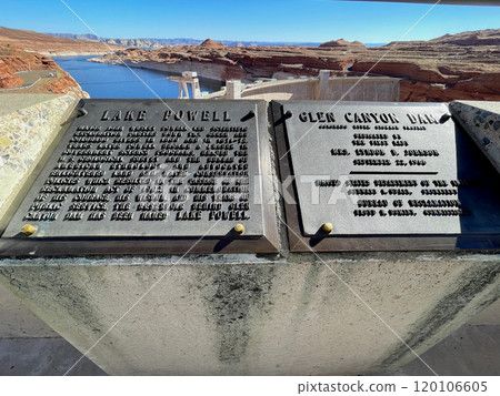 Two information signs at Glen Canyon Dam in Arizona, USA Two information signs at Glen Canyon Dam in Arizona, USA 120106605