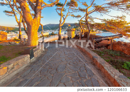 View of the resort town of Tossa de Mar from the fortress located on a high hill. View of the resort town of Tossa de Mar from the fortress located on a high hill. 120106633