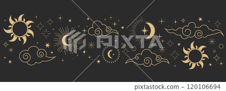 Celestial seamless border, witch spiritual decoration with asian clouds moon, sun burst and stars. line astrology pattern, minimal geometric background. Celestial seamless border, witch spiritual decoration with asian clouds moon, sun burst and stars. line astrology pattern, minimal geometric background. 120106694