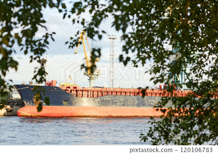 Industrial freighter ship at dock in water shot through green leaves in sunlight, copy space 120106783