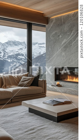 Cozy winter living room with a fireplace and mountain view in a modern setting 120106828
