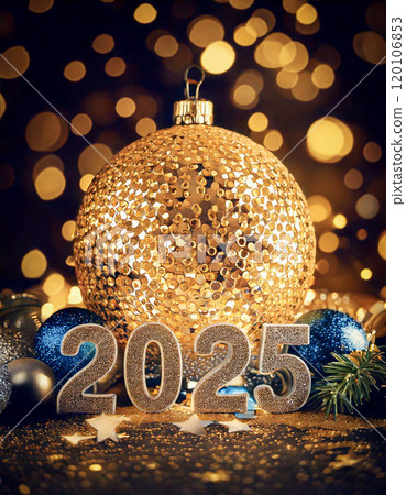 New year 2025 decoration, green pine trees and gold balls 120106853