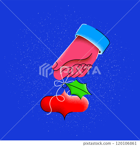 Hand holding ornament with holly, representing love and kindness during festive season. Creative colorful illustration. Hand holding ornament with holly, representing love and kindness during festive season. Creative colorful illustration. 120106861