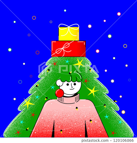 Cheerful character dressed as Christmas tree with gift box on top, capturing festive spirit of joy. Creative colorful illustration. 120106866