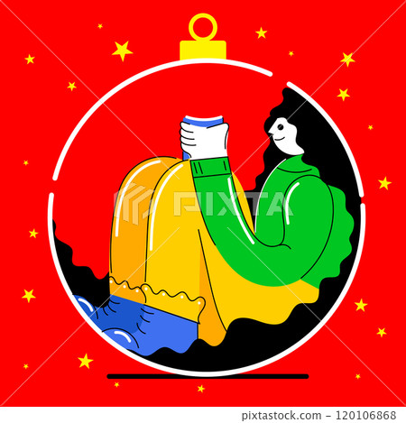 Female character inside Christmas ornament, sitting with hot drink. Festive spirit of holiday season. Creative colorful illustration. 120106868