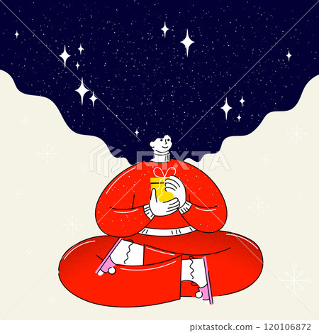 Character in red pajamas, with magical night sky head, holding gift. Calm winter night. Creative colorful illustration. 120106872