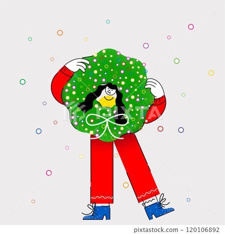 Playful female character holding colorful holiday wreath adorned with bow. Festive spirit and holiday preparation. Creative colorful illustration. Playful female character holding colorful holiday wreath adorned with bow. Festive spirit and holiday preparation. Creative colorful illustration. 120106892