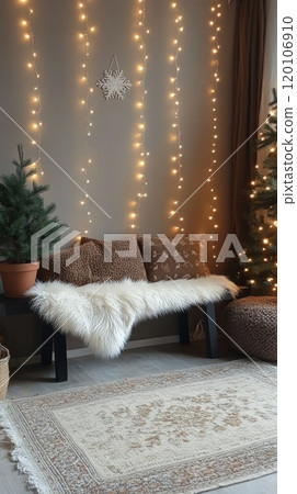 Cozy winter nook with fairy lights and decorative pillows during the holiday season 120106910