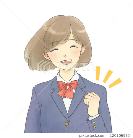 Illustration of a smiling girl in a uniform posing with her fist in the air 120106983