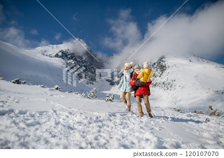 Young family is enjoying winter holiday in the mountains, playing and walking through the snowy landscape. Young family is enjoying winter holiday in the mountains, playing and walking through the snowy landscape. 120107070