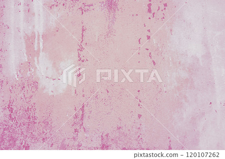 Textured pink plaster wall surface with peeling paint. Aged, weathered concrete background 120107262