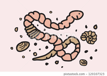 Cartoon hand drawn black outline worm isolated on beige background artistic vector illustration. Line art graphic design for children coloring book invitation greeting card flyer banner event Cartoon hand drawn black outline worm isolated on beige background artistic vector illustration. Line art graphic design for children coloring book invitation greeting card flyer banner event 120107323