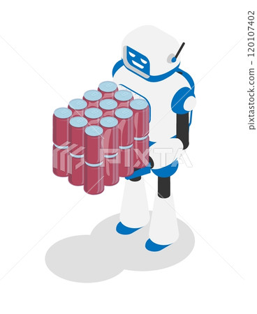 Robot storekeeper loader carries heavy package of tin cans of drinks to cargo loading area. Technologies of future. Isolated vector on white background Robot storekeeper loader carries heavy package of tin cans of drinks to cargo loading area. Technologies of future. Isolated vector on white background 120107402