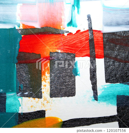 Abstract Real Black Paint Lines and Color Squares Hand Made on White Backgrond 120107556