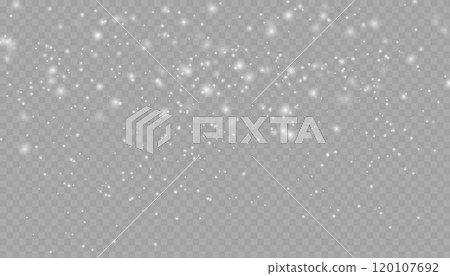 Realistic falling snow with snowflakes and clouds. Vector heavy snowfall, snowflakes in different shapes and forms. Many white cold flake elements on transparent background. Realistic falling snow with snowflakes and clouds. Vector heavy snowfall, snowflakes in different shapes and forms. Many white cold flake elements on transparent background. 120107692